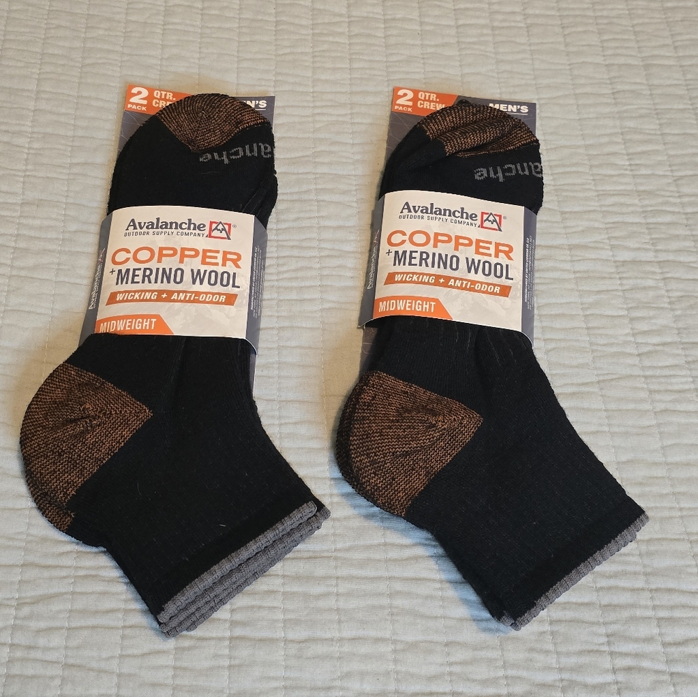 4 Pairs Avalanche Mens Copper Merino Wool Blend Quarter Crew Socks SZ L 6-12 NWT